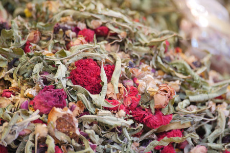 A delightful Dried Herbal Mix featuring vibrant Colorful Petals and Fresh Greensの写真素材