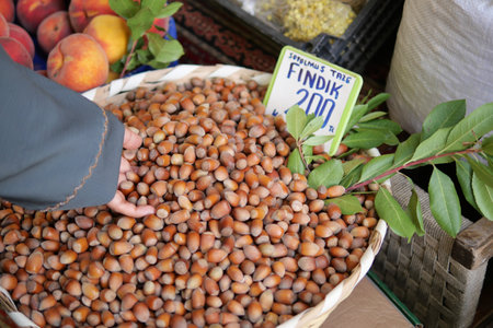 Basket of Fresh Hazelnuts Displayed at a Local Market Eventの写真素材