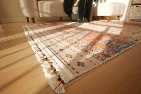 Elegant Handcrafted Rug with Colorful Patterns and Unique Texturesの写真素材