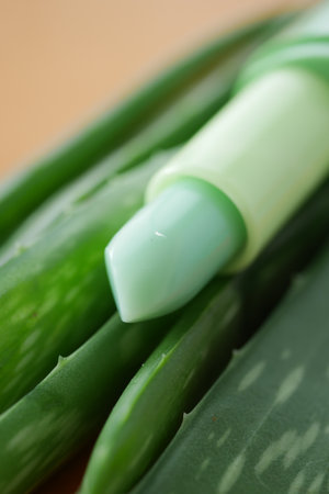 Natural Aloe Vera Lip Balm on Vibrant Aqua Backgroundの写真素材