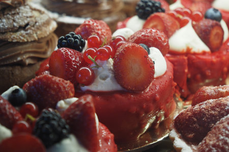 Delicious and delightful Berry Tarts topped with Whipped Cream and Fresh Fruitsの写真素材