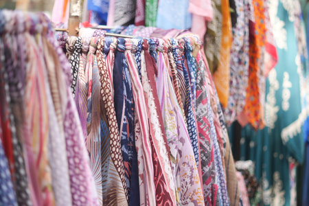 A Vibrant Array of Colorful Scarves Displayed at a Local Market Stallの写真素材