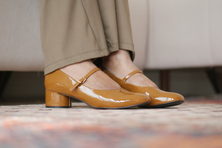 Chic and Elegant Brown Patent Mary Jane Shoes Featuring an Adorable Bow Detail for Styleの写真素材