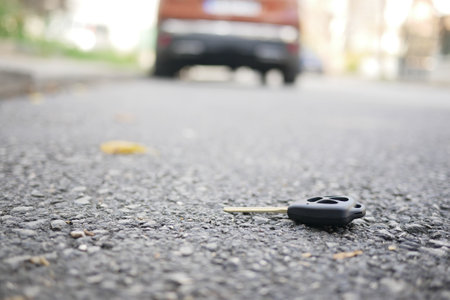 A dropped car key on asphalt road with a vehicle in the backgroundの写真素材