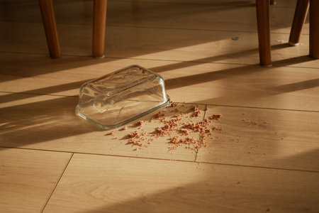 A glass container was accidentally spilled on the wooden floor surfaceの写真素材