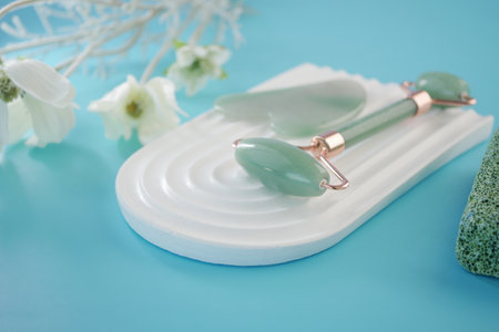 Explore Wellness Essentials Jade Roller and Natural Skincare Accessories to boost your beautyの写真素材
