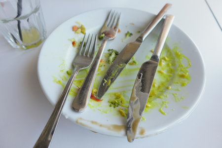 Utilized Cutlery and Plate Following a Meal Have Been Enjoyed Thoroughlyの写真素材