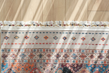 A patterned rug rests on the flooring beside a mirrorの写真素材