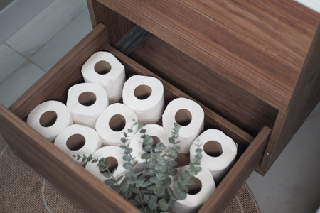Efficiently Organized Bathroom Storage Featuring Toilet Paper and Greeneryの写真素材