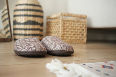 Cozy Indoor Slippers Positioned Comfortably on a Warm Wooden Floorの写真素材