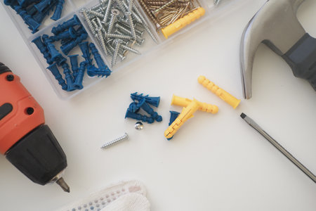 Important Tools and Various Fasteners Essential for DIY Home Projectsの写真素材
