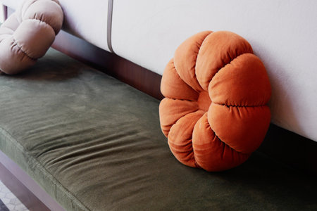 Stylish and Decorative Pillows Arranged Beautifully on a Modern Sofaの写真素材