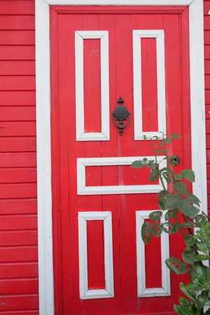 A Vibrant Red Door Accented with White Trim Surrounded by Lush Greeneryの写真素材