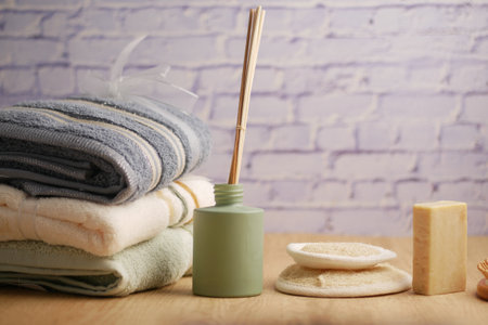 Spa Essentials: Towels, Natural Soap, and Relaxation Productsの写真素材