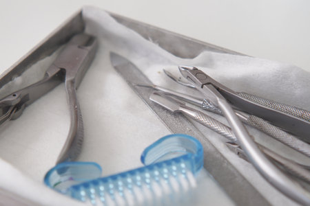 Professional dental tools and equipment neatly organized in a case for useの写真素材