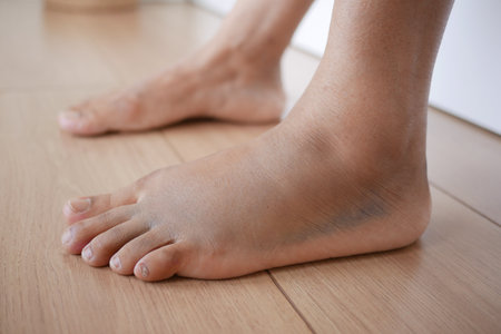 close up of woman feet with swellingの写真素材