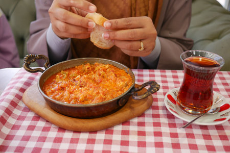 Turkish Menemen omelet in a frying pan. .の写真素材