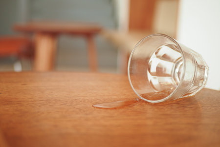 A glass has been accidentally spilled on a polished wooden table surfaceの写真素材