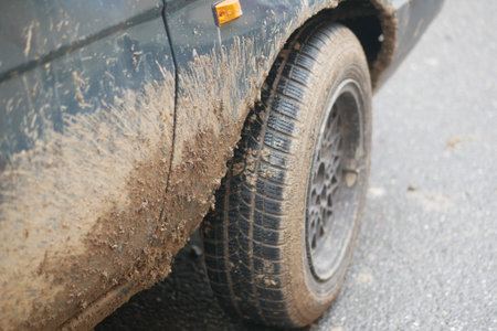 A MudCovered Tire of an OffRoad Vehicle Treading on a Wet Surface