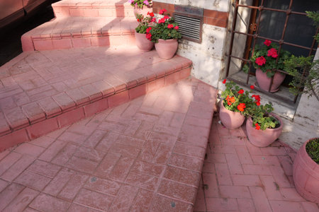 Charming Pink Stairs Adorned with Flower Pots and Beautiful Decorative Tiles