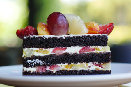 chocolate and cream cake on a plate on tableの写真素材