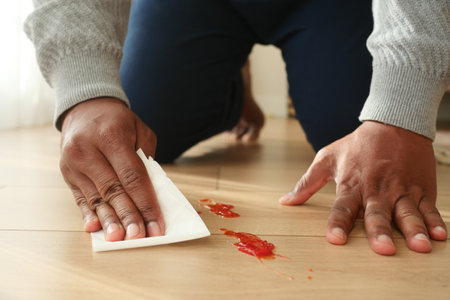 Cleaning a Spill on Wooden Floors Requires Care and Attentionの写真素材