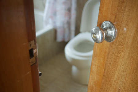Opening the bathroom door reveals a modern toilet and stylish decorの写真素材