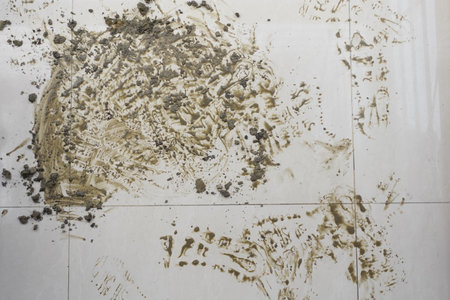 Tiles that are soiled with dirt and visible footprints are present hereの写真素材