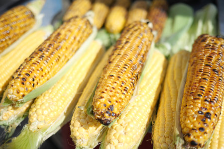 Grilled Corn for sale in a market stall in istanbulの写真素材