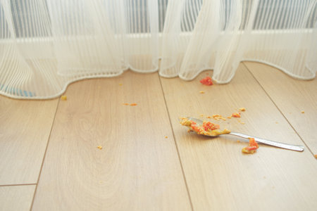 A Messy Floor Covered with Food Particles and a Spoon Hidden Under the Curtainの写真素材
