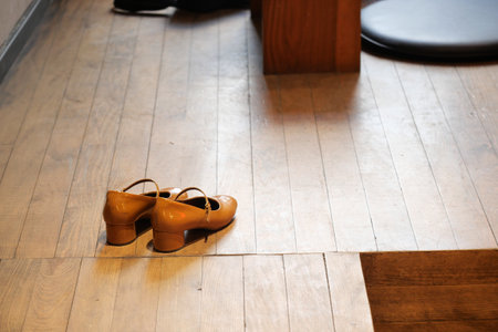 Stylish Elegant Brown Shoes Positioned on a Beautiful Wooden Floorの写真素材