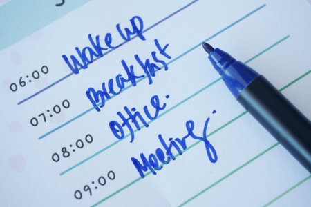 To do list in notebook with office suppliers on desk.