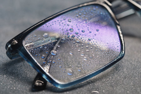 Wet eyeglasses resting on a dark surfaceの写真素材