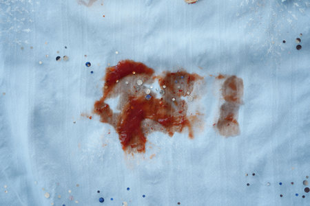 Sauce stain on white fabric after mealの写真素材