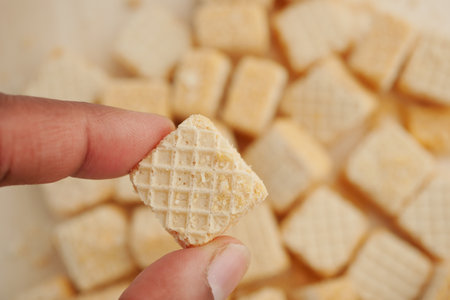 Hand with a crunchy waferの写真素材