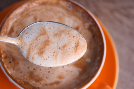 top view of Spoon with coffee foamの写真素材