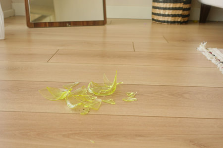 Broken glass scattered on wooden floor