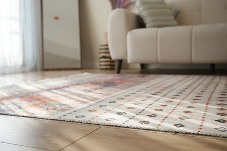 Cozy living room with colorful rug and natural light in morningの写真素材