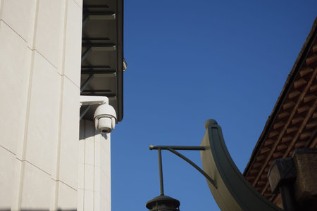 Security camera installed on a white building under clear blue sky