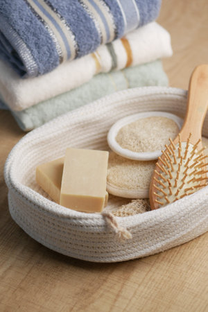 Natural bathroom essentials arranged in a cozy basket