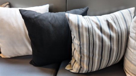 Decorative pillows arranged on a modern couch in a living roomの写真素材