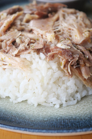 Tender shredded meat served over fluffy white rice in a bowl