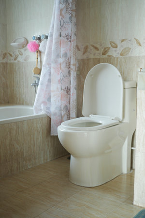 Clean bathroom with modern toilet and bathtub design in soft colorsの写真素材