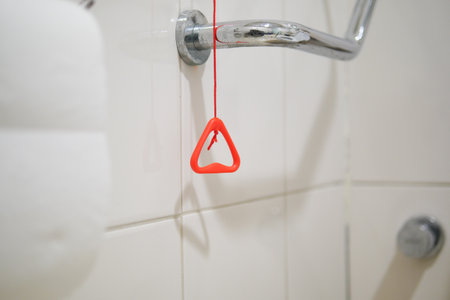 Red safety handle hanging in a bathroom near the showerの写真素材