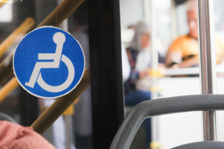 Accessibility symbol displayed inside a public transportation vehicleの写真素材