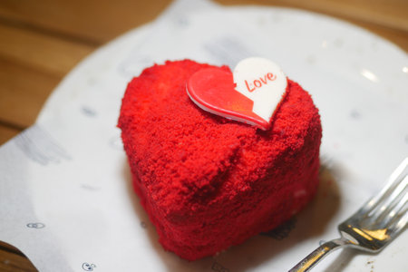 Delightful heart-shaped dessert with love decoration on a plateの写真素材