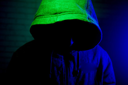 Mysterious figure in a hooded sweatshirt with dramatic lighting