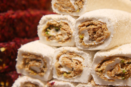 Traditional turkish delight in a marketの写真素材