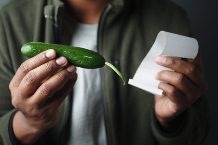 Man holds cucumber and receipt in indoor setting while examining them