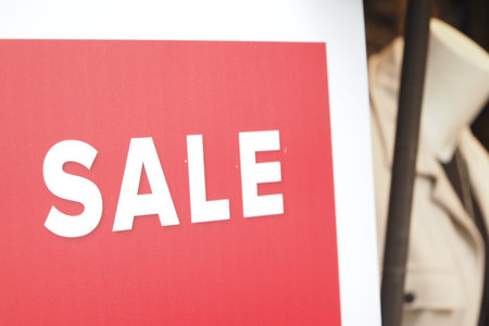 Big sale sign displayed in clothing store window during daytimeの写真素材